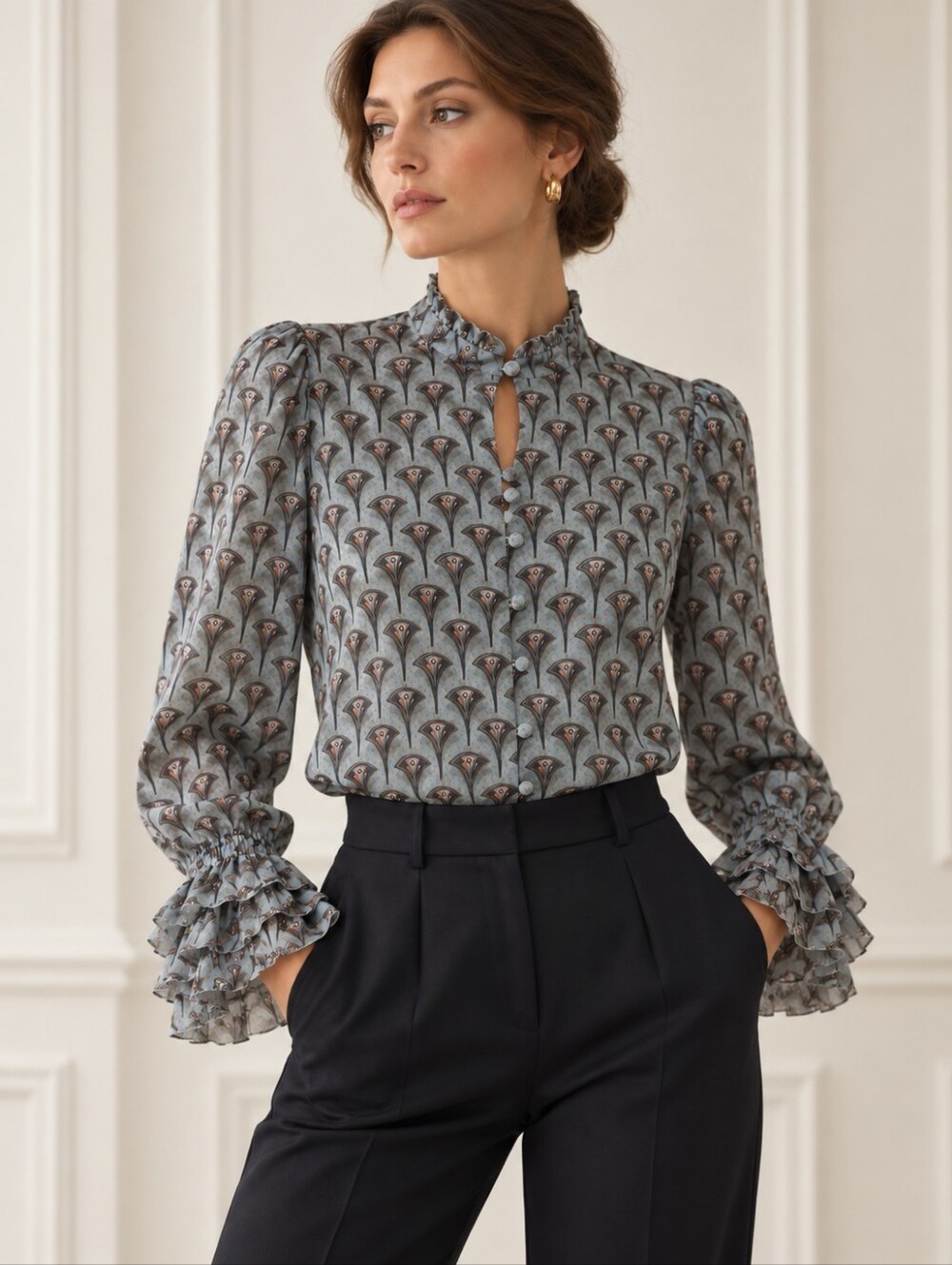 Alexis art deco print ruffle cuff blouse size L